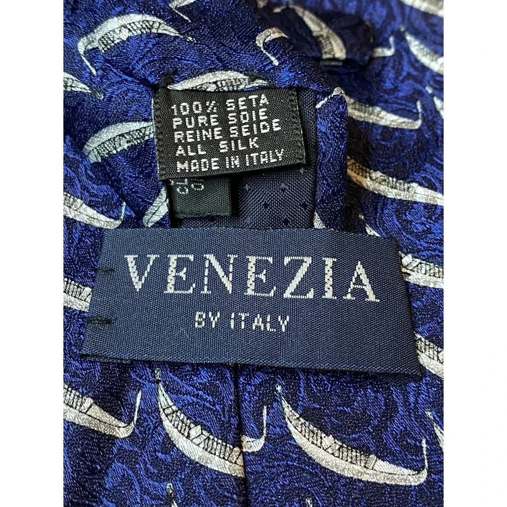 Fabris Venezia MENS TIE NECKTIE Silk 100% Italy Canoe Boat Navy Blue/Silver